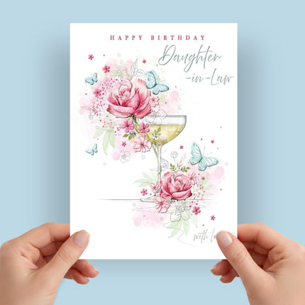 Birthday Card for Daughter in Law - Floral Drink & Butterflies Design with Embossed Foil Finish, Eco-Friendly & Made in the UK