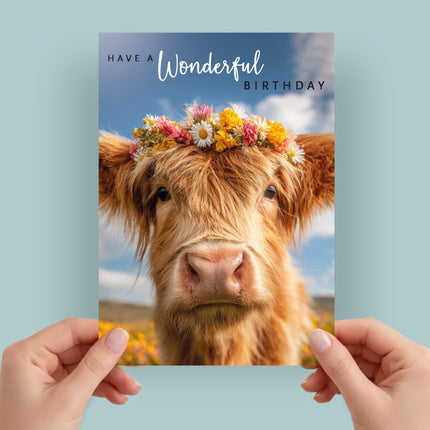 Birthday Card for Her, Cute Highland Cow & Flower Crown Design