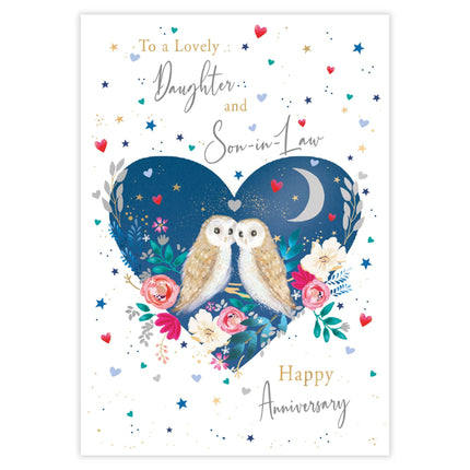 Happy Anniversary Card - For Daughter & Son-in-Law - Owls in a Floral Love Heart Design - 9 x 6 - Premium Quality Special Anniversary Greeting Card with Envelope