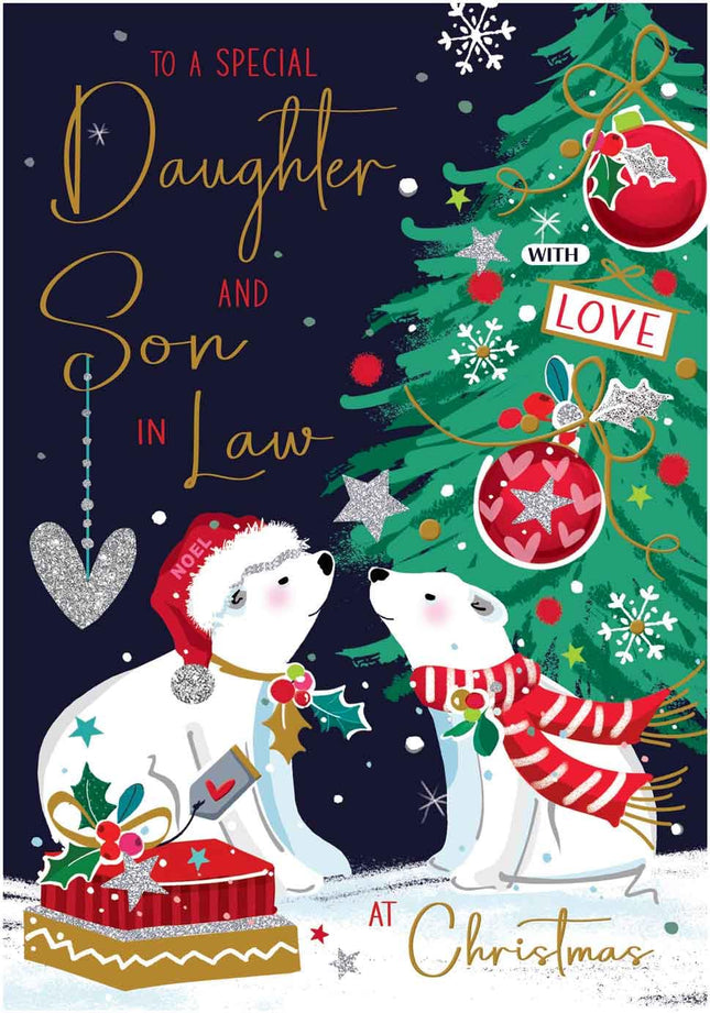 Daughter and Son-in-Law Christmas Card - Polar Bear Couple and Christmas Tree - Contemporary Artistic Festive Design - Special Finishes and Illustrated Insert Leaf - Made in the UK