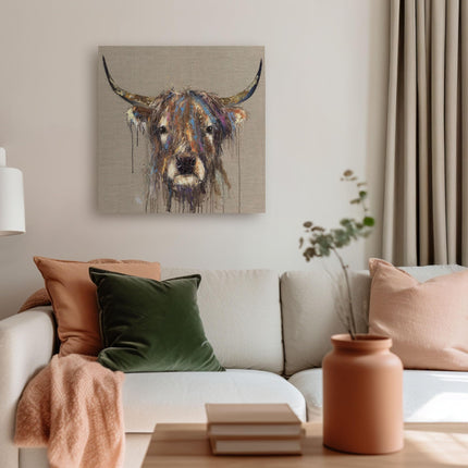 Artistic Highland Cow Canvas Wall Art - 'Faithful' by Louise Luton - Farm Animal Themed Artwork - Ready to Hang Home Décor - 40cm x 40cm