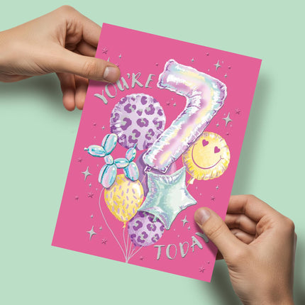 7th Birthday Card for Girls - Age 7 - Girly Balloons Design - Embossed Metallic Finish - Premium Greeting Card with Envelope