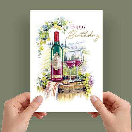 Birthday Card - Lovely Wine & Countryside Design with 3D Embellishments & Foil Finish, Eco-Friendly & Made in the UK