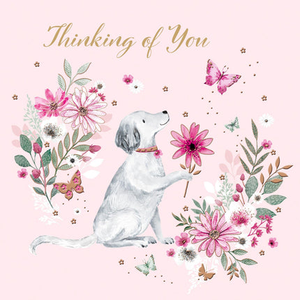 Thinking of You Card for Women - Cute Floral Dog Design - Pretty Greeting Card