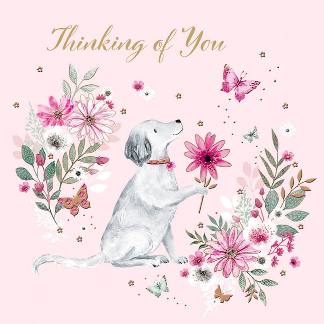 Thinking of You Card for Women - Cute Floral Dog Design - Pretty Greeting Card