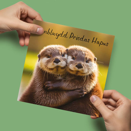 Welsh Anniversary Card, Cute Otters, Penblwydd Priodas Hapus