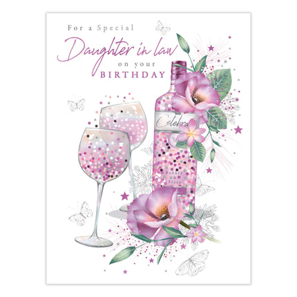 Birthday Card for Daughter-In-Law - Pretty Floral Wine Design - Premium Greeting Card with Envelope