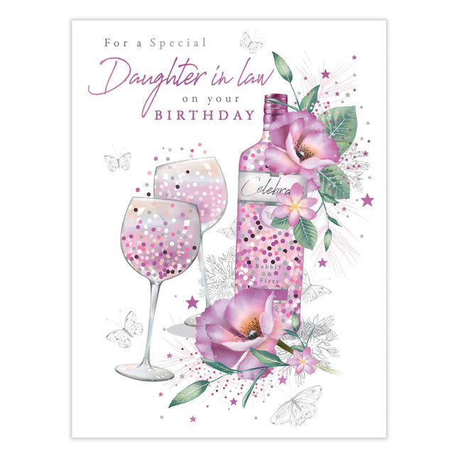 Birthday Card for Daughter-In-Law - Pretty Floral Wine Design - Premium Greeting Card with Envelope
