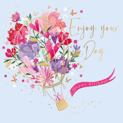Birthday Card for Women - Pretty Flowers & Hot Air Balloon Design - Embossed Gold Foil Finish - Premium Birthday Greeting Card with Envelope for Her