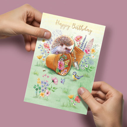 Birthday Card - Happy Birthday Card with Floral Garden and Hedgehog Design - Birthday Card for Women
