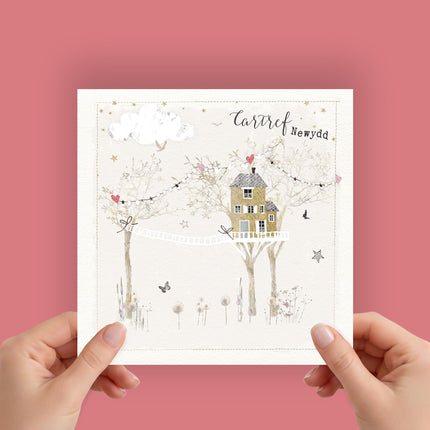 Welsh New Home Card, Pretty Treehouse, Cartref Newydd