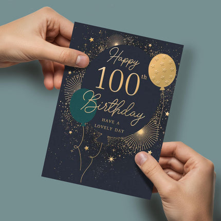 100th Birthday Card - Age 100 Gold Balloons with Embossed Foil Finish, Eco-Friendly & Made in the UK