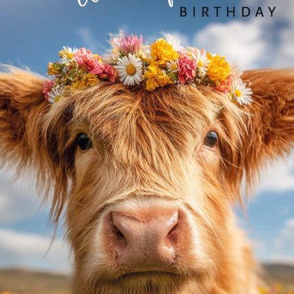 Birthday Card for Her, Cute Highland Cow & Flower Crown Design