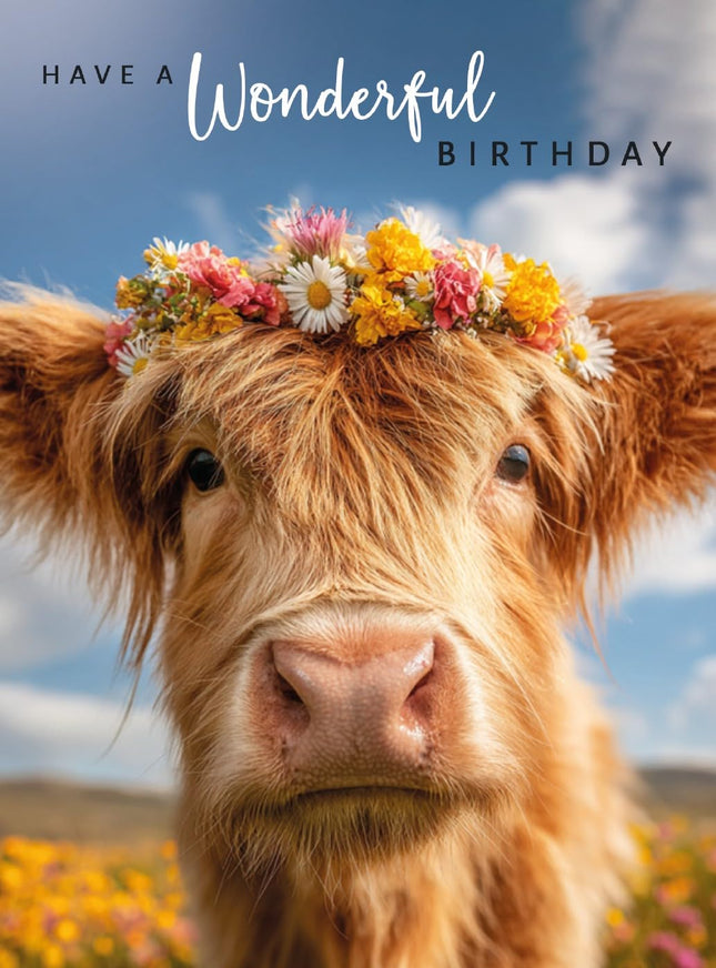 Birthday Card for Her, Cute Highland Cow & Flower Crown Design