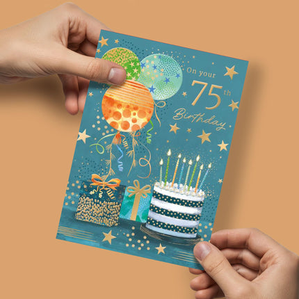75th Birthday Card for Him - Cake & Balloons Design with Embossed Foil Finish, Eco-Friendly & Made in the UK