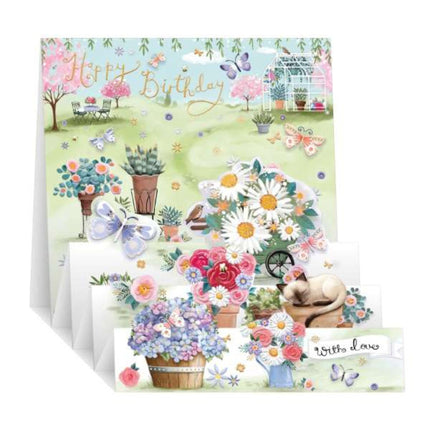 Pop Up Birthday Card for Her - Colourful Floral Garden with Cat Design - 3D Fold-Out Design - Happy Birthday Card for Women - Embossed Foil Finish