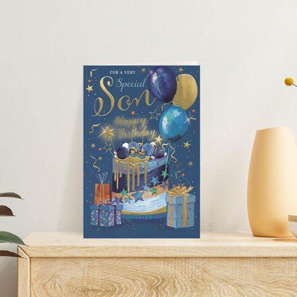 Birthday Card for a Very Special Son, Cake and Balloon Design