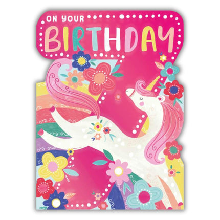 Unicorn 7th Birthday Card for Girls - Unicorn and Flowers Design - Embossed Foil Finish - Vibrant Age 7 Birthday Greeting Card