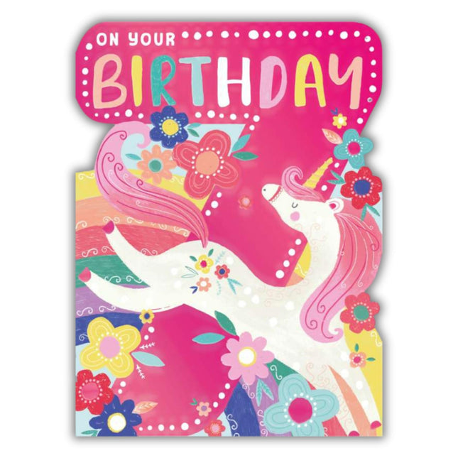 Unicorn 7th Birthday Card for Girls - Unicorn and Flowers Design - Embossed Foil Finish - Vibrant Age 7 Birthday Greeting Card