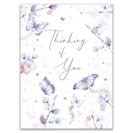 Thinking of You Card - Beautiful Floral Butterflies Design - Embossed Silver Foil Finish - Premium Comforting Thoughts Card with Envelope
