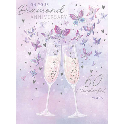 60th Diamond Anniversary Card - Elegant Champagne and Butterfly Design - Happy Diamond Anniversary for a Couple - Embossed Foil Finish