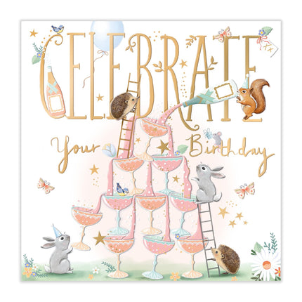Birthday Card for Women - Cute Woodland Animals & Champagne Design - Embossed Gold Foil Finish - Premium Greeting Card with Envelope