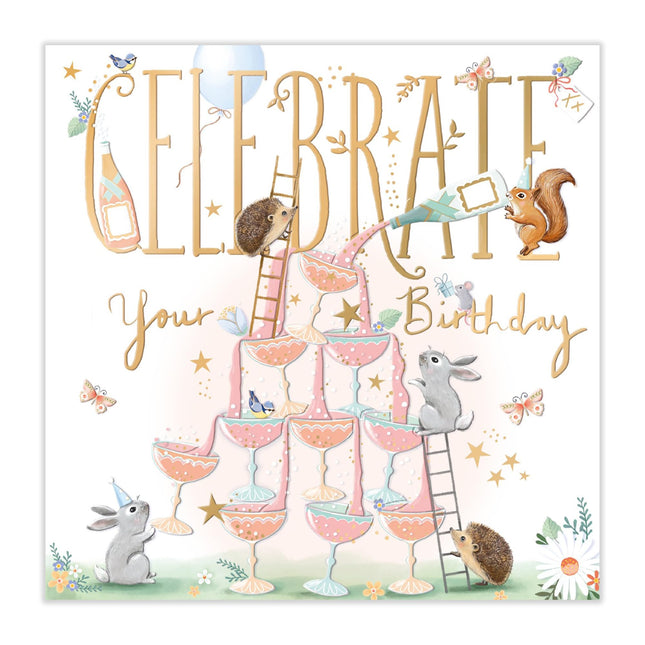 Birthday Card for Women - Cute Woodland Animals & Champagne Design - Embossed Gold Foil Finish - Premium Greeting Card with Envelope