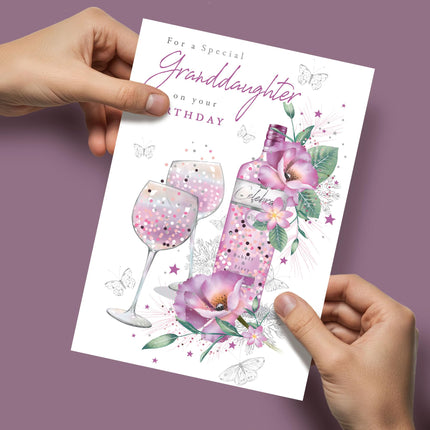 Birthday Card for Granddaughter - Pretty Floral Wine Design - Premium Greeting Card with Envelope