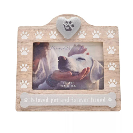 Widdop & Co. Pet Memorial Photo Frame 17 x 14 cm - Wooden Paw Print Design with ‘Beloved Pet and Forever Friend’ Sentiment - Free-Standing Pet Loss Frame - Celebrations Range