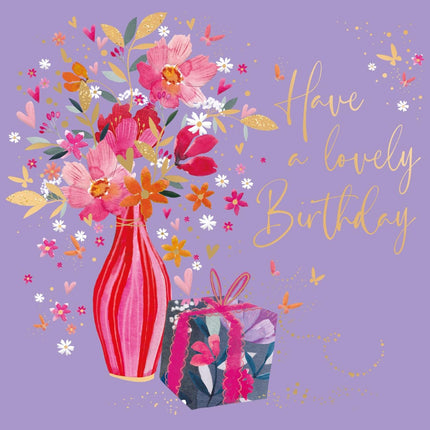 Birthday Card for Women - Pretty Flowers & Present Design - Embossed Gold Foil Finish - Premium Special Birthday Greeting Card with Envelope for Her