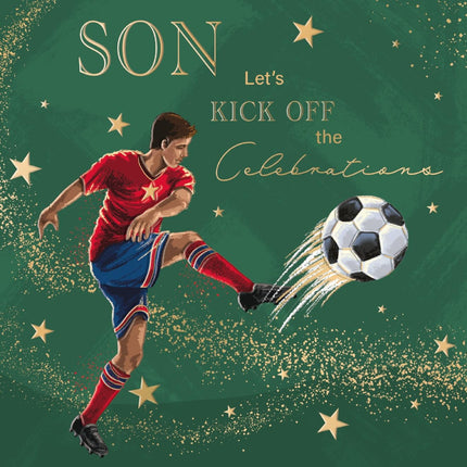 Birthday Card for Son - Sporty Football Design - Embossed Gold Foil Finish - Premium Sports Greeting Card with Envelope