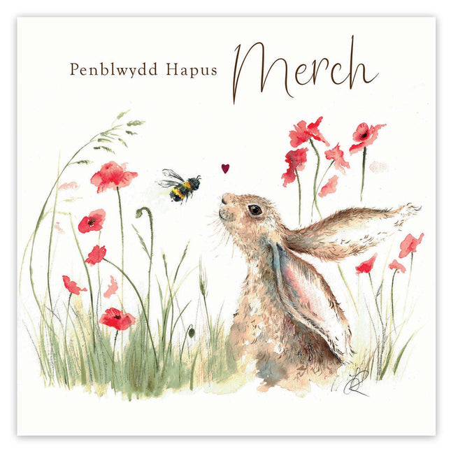 Welsh Birthday Card for Daughter, Hare & Flowers Design