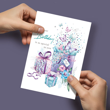 Birthday Card for Women - Pretty Floral Butterflies & Presents Design - Premium Greeting Card with Envelope