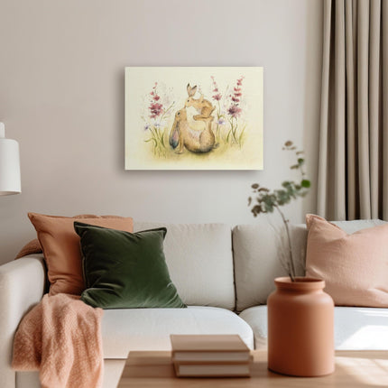 Mummy & Baby Hare Canvas Print Wall Art - 'Precious One' by Sarah Reilly - Endearing Wildlife Themed Artwork - Ready to Hang Home Décor - 30 x 40cm