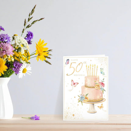 50th Birthday Card for Her - Floral Cake & Butterflies Design with Embossed Foil Finish, Eco-Friendly & Made in the UK