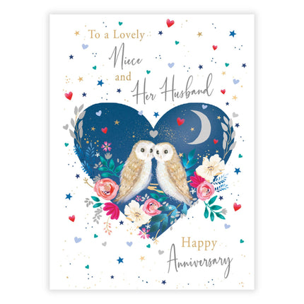 Happy Anniversary Card - For Niece & Her Husband - Owls in a Floral Love Heart Design - Premium Quality Special Anniversary Greeting Card with Envelope