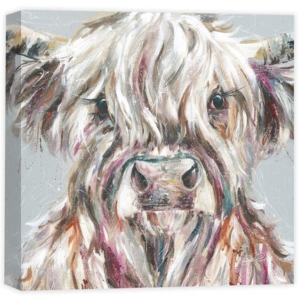 Artistic Highland Cow Canvas Wall Art - 'Ada' by Nicola Jane Rowles - Farm Animal Themed Artwork - Ready to Hang Home Décor - 40cm x 40cm