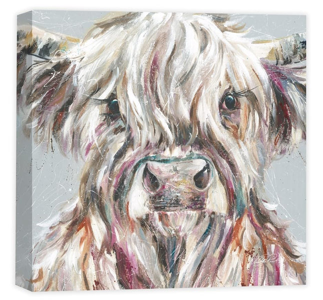 Artistic Highland Cow Canvas Wall Art - 'Ada' by Nicola Jane Rowles - Farm Animal Themed Artwork - Ready to Hang Home Décor - 40cm x 40cm