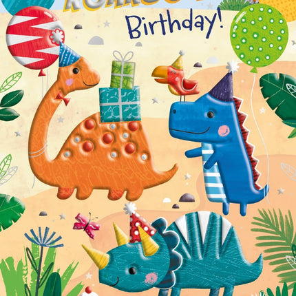 Birthday Card for Boys - Cute Roarsome Dinosaurs & Balloons Design - Embossed Silver Foil Finish - Premium Greeting Card with Envelope