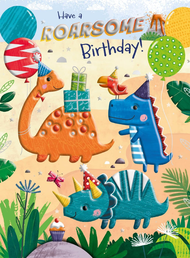 Birthday Card for Boys - Cute Roarsome Dinosaurs & Balloons Design - Embossed Silver Foil Finish - Premium Greeting Card with Envelope