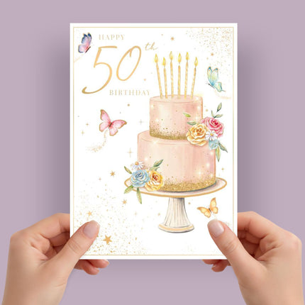 50th Birthday Card for Her - Floral Cake & Butterflies Design with Embossed Foil Finish, Eco-Friendly & Made in the UK