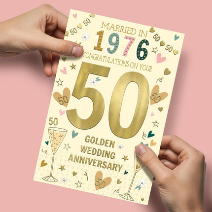 Golden Anniversary Card – Champagne, Love Hearts & 1976 Design