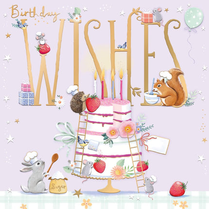 Birthday Card for Women - Cute Woodland Animals & Cake Design - Embossed Gold Foil Finish - Premium Greeting Card with Envelope