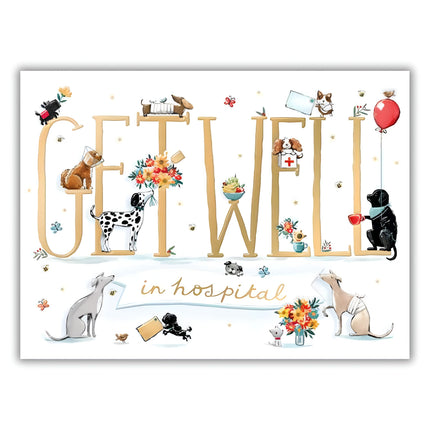 Get Well Card - Get Well Soon In Hospital Card with Dogs and Flowers Design with Embossed Foil Details