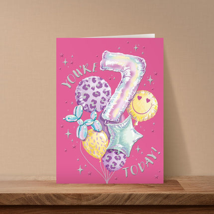 7th Birthday Card for Girls - Age 7 - Girly Balloons Design - Embossed Metallic Finish - Premium Greeting Card with Envelope