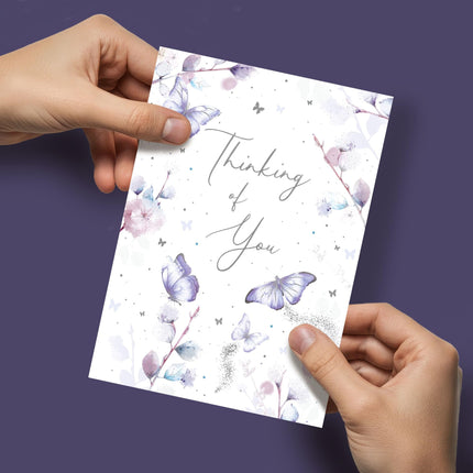 Thinking of You Card - Beautiful Floral Butterflies Design - Embossed Silver Foil Finish - Premium Comforting Thoughts Card with Envelope