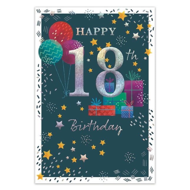 18th Birthday Card for Him, Age 18 Modern Balloons & Stars Design