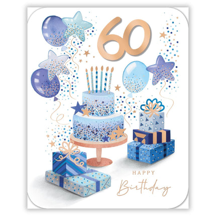 60th Birthday Card - Happy Birthday Card with Celebration Cake and Balloons Design and Special Finishes - Birthday Card for Men