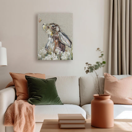 Artistic Hare & Butterfly Canvas Wall Art - 'Bella' by Nicola Jane Rowles - Wildlife Themed Artwork - Ready to Hang Home Décor - 30cm x 40cm