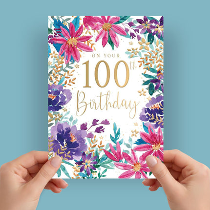 100th Birthday Card for Her - Vibrant Floral Design with Embossed Foil Finish, Eco-Friendly & Made in the UK